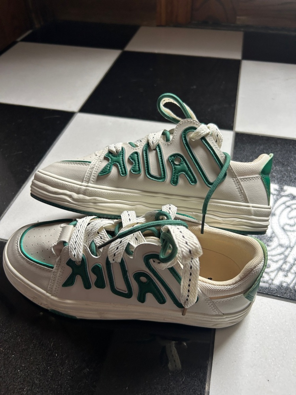 White and Green Aelfric Eden Sneakers with Raised reflective Lettering